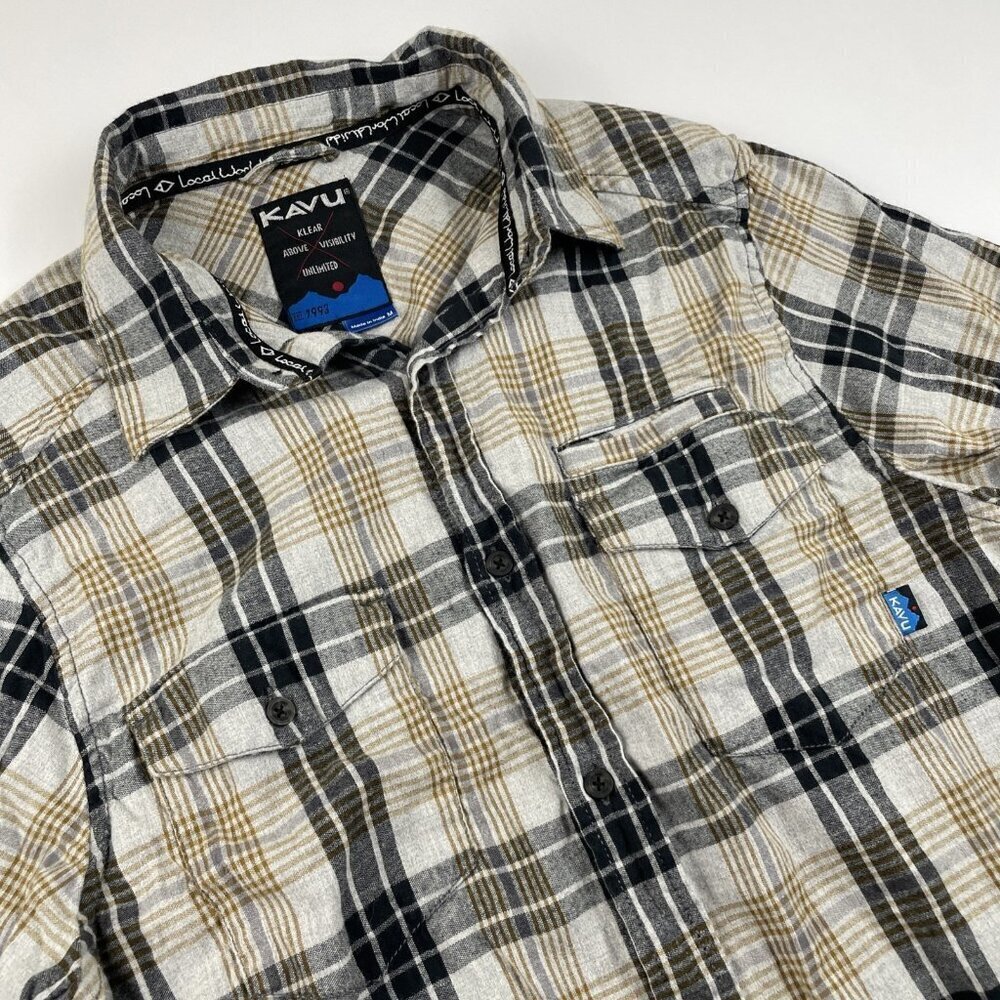Kavu Flannel Shirt Men’s M Plaid Button Up Outdoor Hiking Camping Black Tan